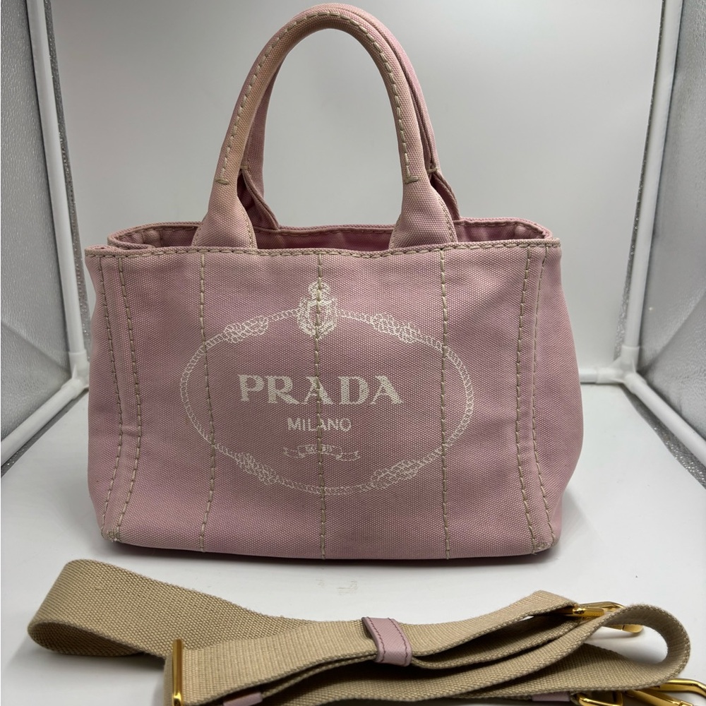 Authentic PRADA Canapa 2way Handbag Tote bag w/shoulder Strap baby pink Canvas